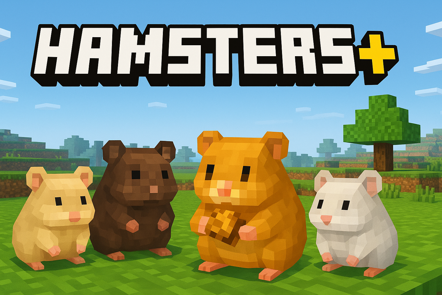 Illustration: a cute blocky hamster on grassy blocks under a soft sunset sky